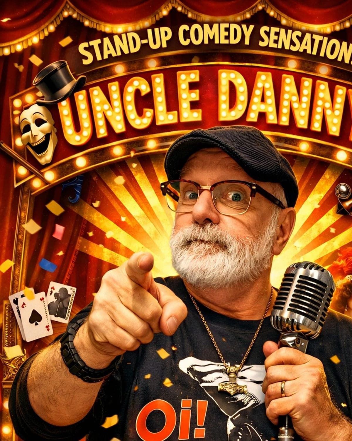 Uncle Danny pointing toward the audience on stage